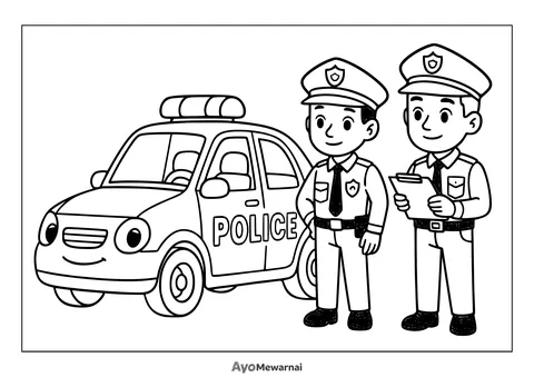 Gambar Mewarnai Mobil Polisi dan Petugas