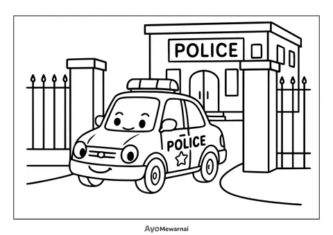 Gambar Mewarnai Mobil Polisi di Bawah Gerbang
