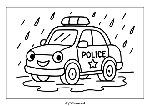 Gambar Mewarnai Mobil Polisi di Cuaca Hujan
