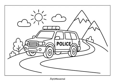 Gambar Mewarnai Mobil Polisi di Gunung