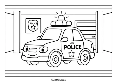 Gambar Mewarnai Mobil Polisi di Kantor Polisi