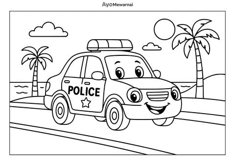 Gambar Mewarnai Mobil Polisi di Pantai