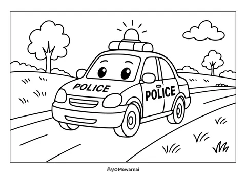 Gambar Mewarnai Mobil Polisi di Pedesaan