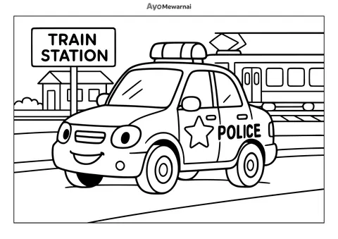 Gambar Mewarnai Mobil Polisi di Stasiun Kereta
