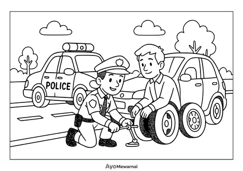 Gambar Mewarnai Mobil Polisi Membantu Warga