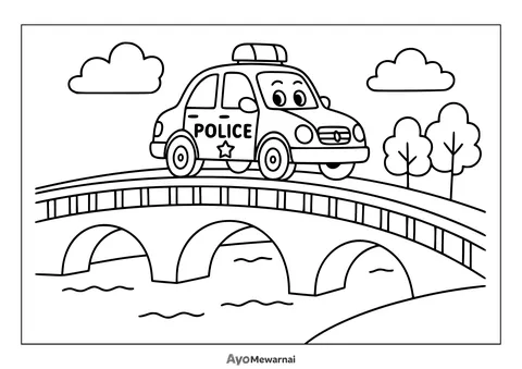Gambar Mewarnai Mobil Polisi Menyeberang Jembatan