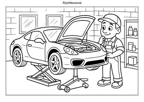 Gambar Mewarnai Mobil Sport di Bengkel