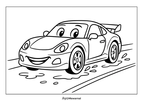 Gambar Mewarnai Mobil Sport di Jalan Basah