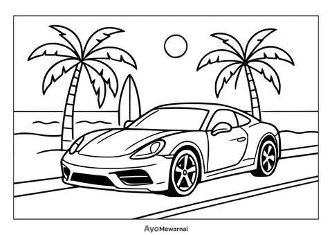 Gambar Mewarnai Mobil Sport di Pantai