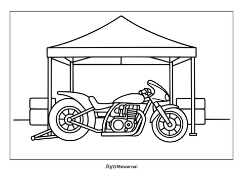 Gambar Mewarnai Motor Drag di Bawah Tenda