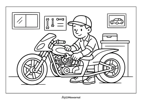 Gambar Mewarnai Motor Drag di Bengkel