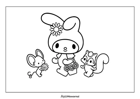 Gambar Mewarnai My Melody, Flat, dan Risu