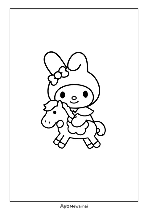 Gambar Mewarnai My Melody Menunggang Kuda Mainan