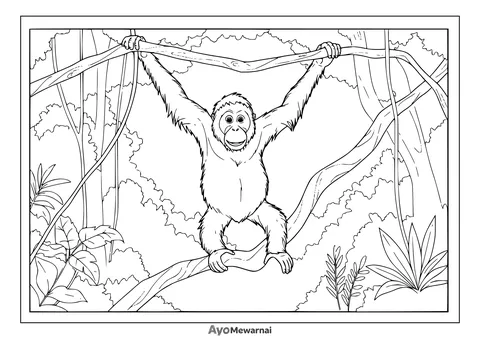 Gambar Mewarnai Orangutan Berayun di Dahan