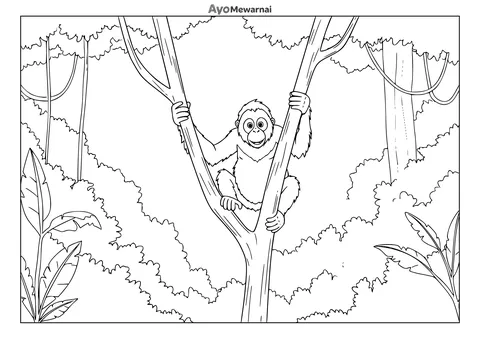 Gambar Mewarnai Orangutan di Hutan Hujan Lebat