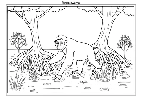 Gambar Mewarnai Orangutan di Rawa Bakau