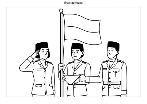 Gambar Mewarnai Paskibra Mengibarkan Bendera Indonesia