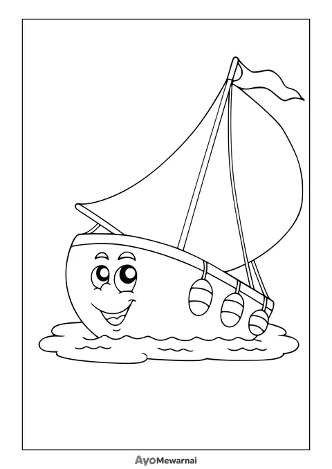 Gambar Mewarnai Perahu Layar Kartun dengan Wajah Senyum