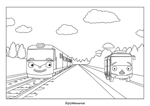 Gambar Mewarnai Pertemuan Bus dan Kereta