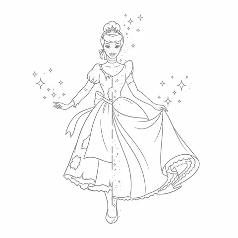 Gambar Mewarnai Perubahan Gaun Cinderella