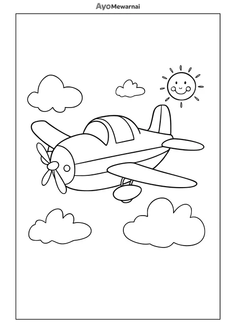 Gambar Mewarnai Pesawat Baling-Baling di Langit Cerah