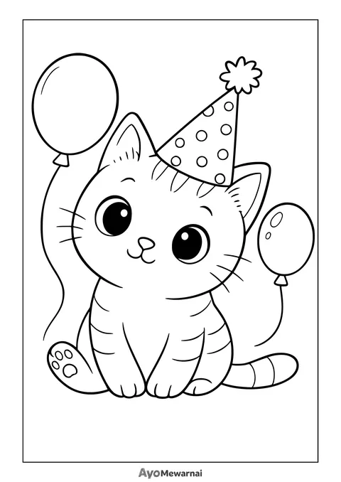 Gambar Mewarnai Pesta Ulang Tahun Kucing