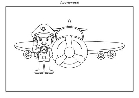Gambar Mewarnai Pilot Hormat di Depan Pesawat