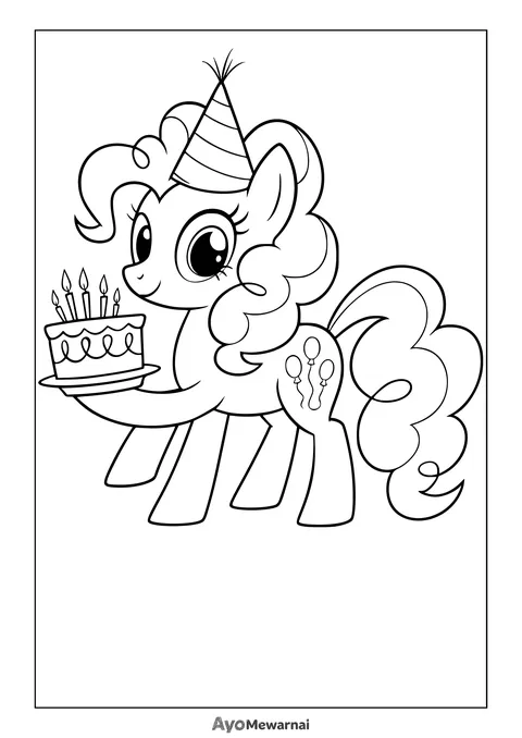 Gambar Mewarnai Pinkie Pie dan Kue Ulang Tahun