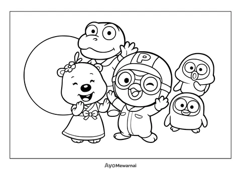 Gambar Mewarnai Pororo dan Teman teman yang Riang