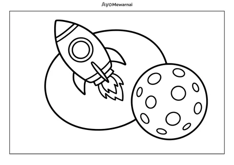 Gambar Mewarnai Roket dan Bulan