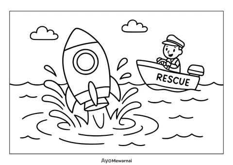 Gambar Mewarnai Roket di Laut