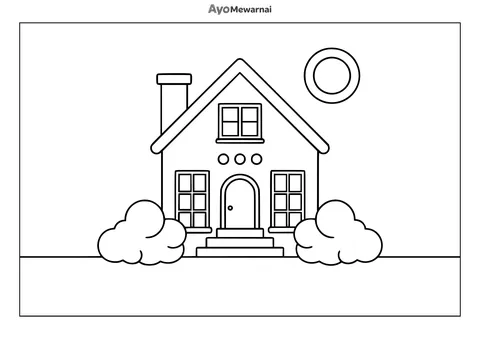 Gambar Mewarnai Rumah Urban dengan Latar Matahari