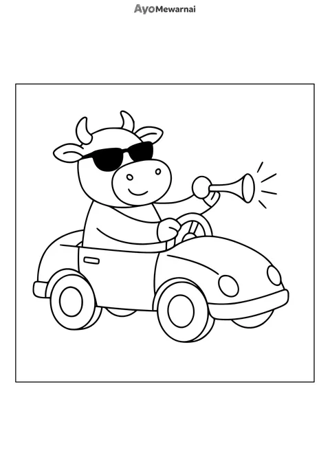 Gambar Mewarnai Sapi Mengendarai Mobil