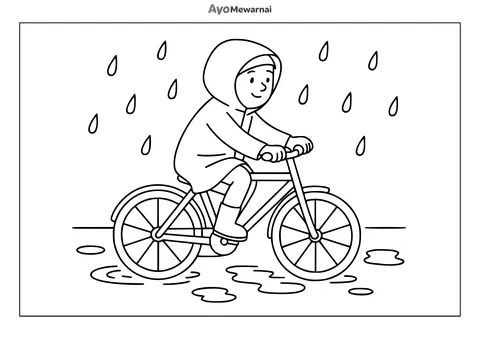 Gambar Mewarnai Sepeda di Bawah Hujan