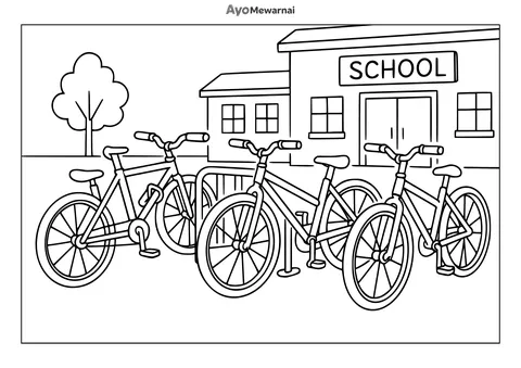 Gambar Mewarnai Sepeda di Samping Sekolah