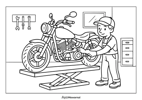 Gambar Mewarnai Sepeda Motor di Bengkel