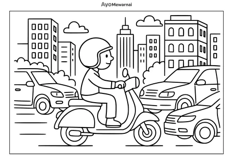 Gambar Mewarnai Sepeda Motor di Tengah Kota