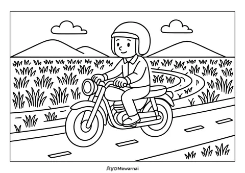 Gambar Mewarnai Sepeda Motor Melewati Sawah