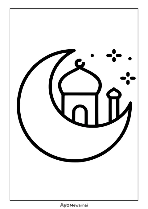 Gambar Mewarnai Siluet Masjid di Bulan Sabit