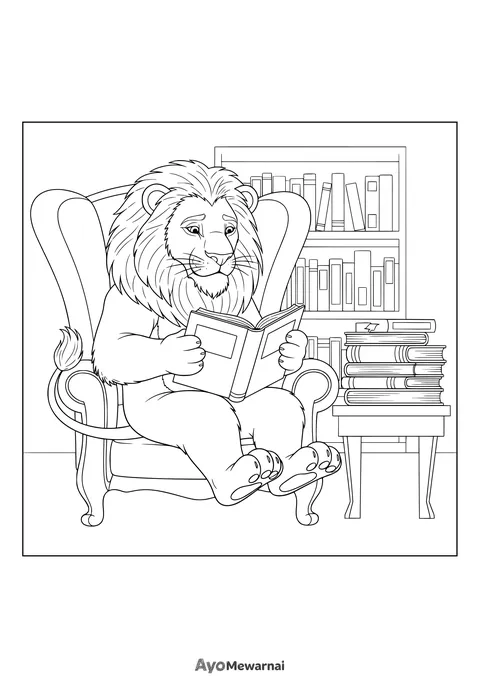 Gambar Mewarnai Singa di Perpustakaan