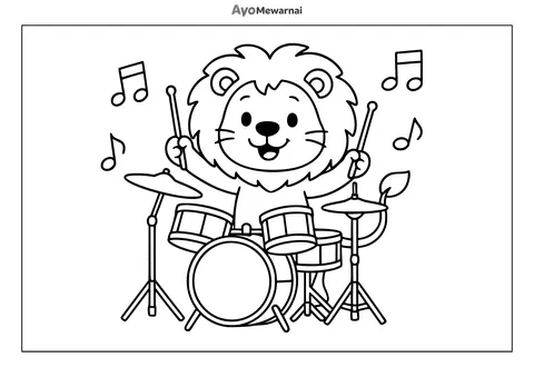 Gambar Mewarnai Singa Memainkan Musik