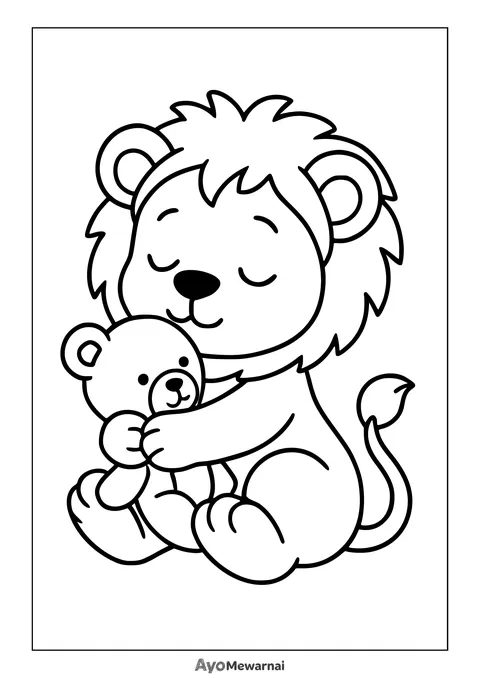 Gambar Mewarnai Singa Peluk Boneka Beruang