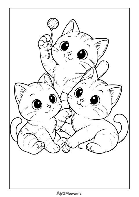 Gambar Mewarnai Tiga Anak Kucing Bermain