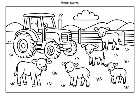 Gambar Mewarnai Traktor dan Anak Sapi