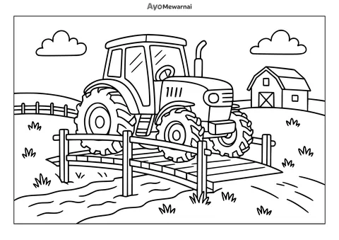 Gambar Mewarnai Traktor di Atas Jembatan