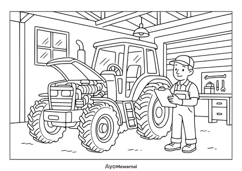 Gambar Mewarnai Traktor di Bengkel Pertanian