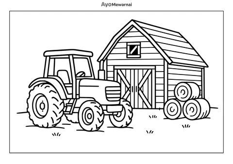 Gambar Mewarnai Traktor di Depan Lumbung