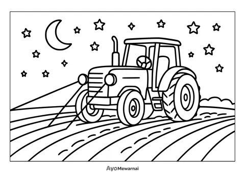 Gambar Mewarnai Traktor di Malam Hari
