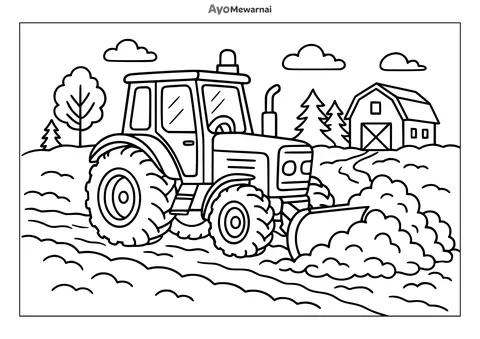 Gambar Mewarnai Traktor di Musim Salju