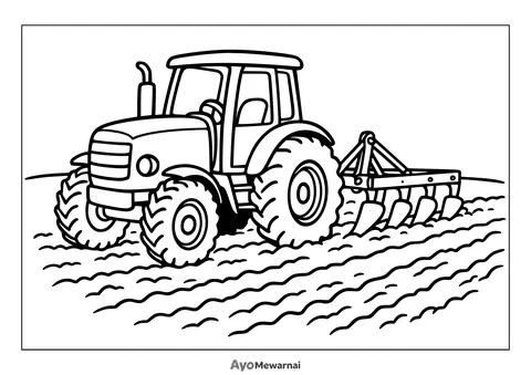 Gambar Mewarnai Traktor Membajak Sawah